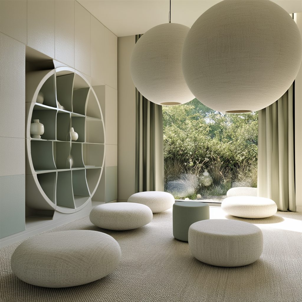 Play area in a pediatric practice with circular shelving