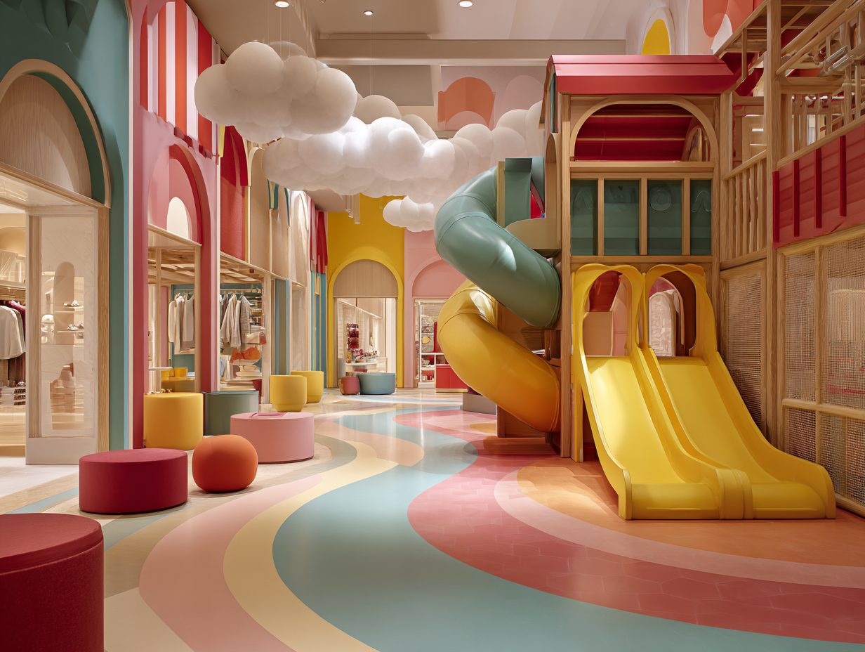 Area family in centro commerciale con scivolo e nuvole