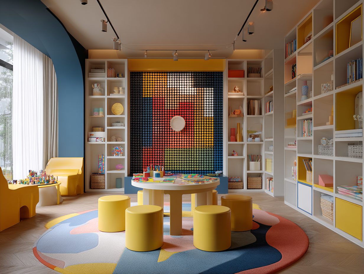 Aula nido con parete gioco colorata e tavolo attività