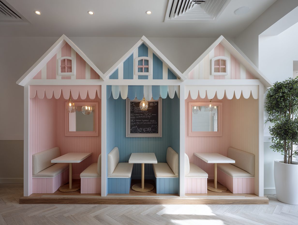 Kids corner retail con casette pastello e panche