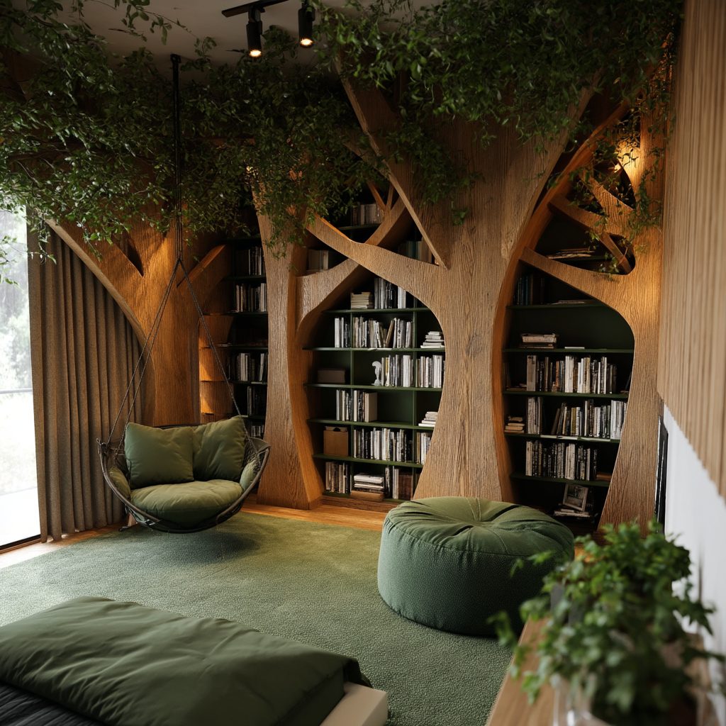 Biblioteca con librerie scolpite come alberi