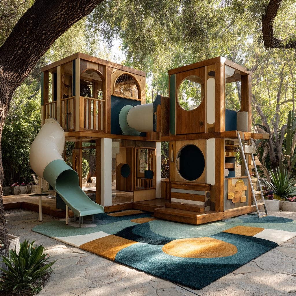 Struttura gioco outdoor in legno con tappeti tondi