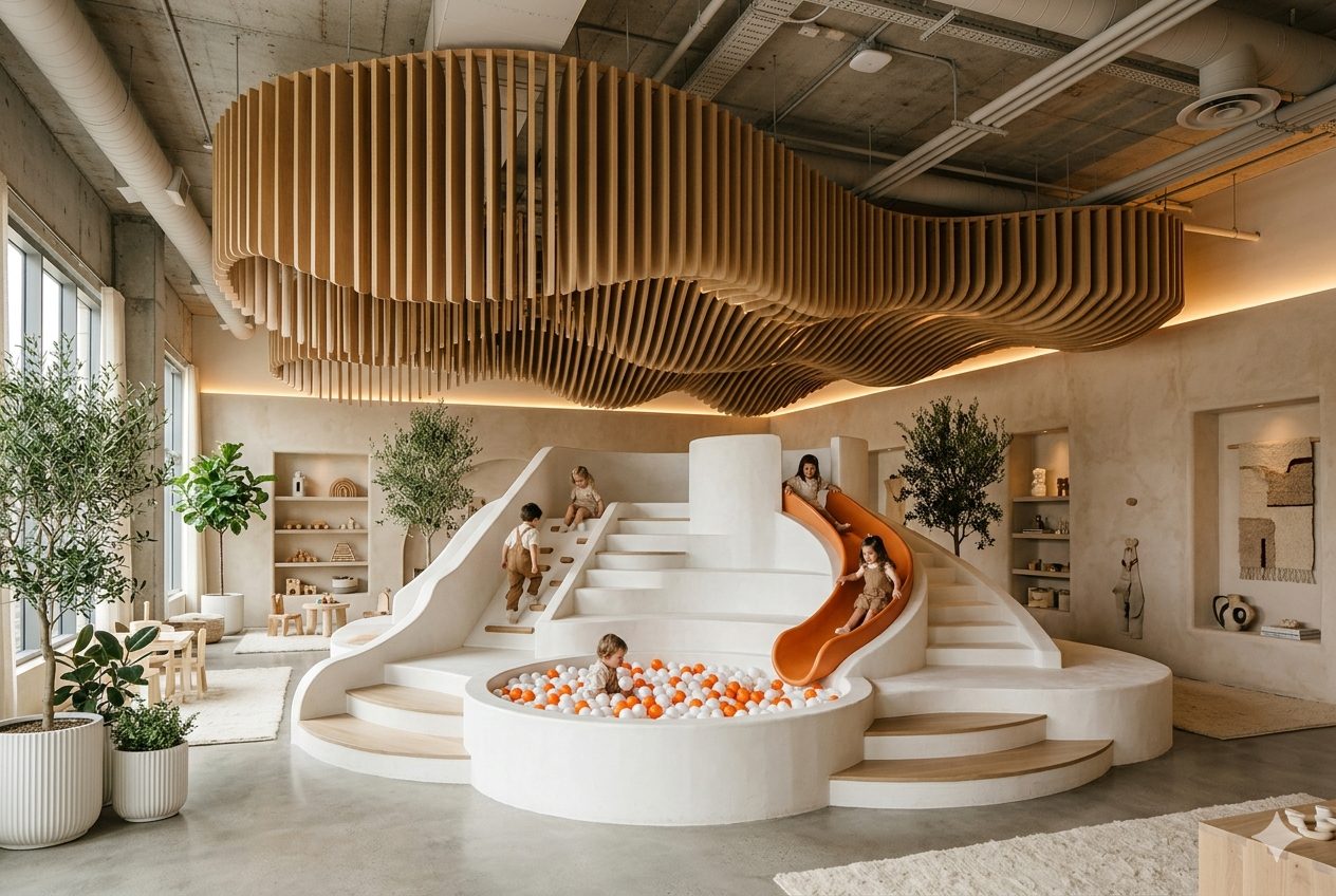 Kids club con soffitto scultoreo in doghe di legno e ball pit