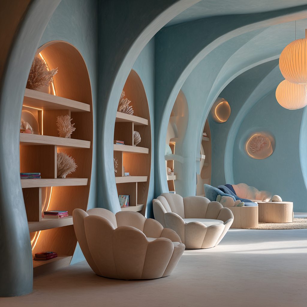 Playroom a tema oceano con librerie scultoree a onda