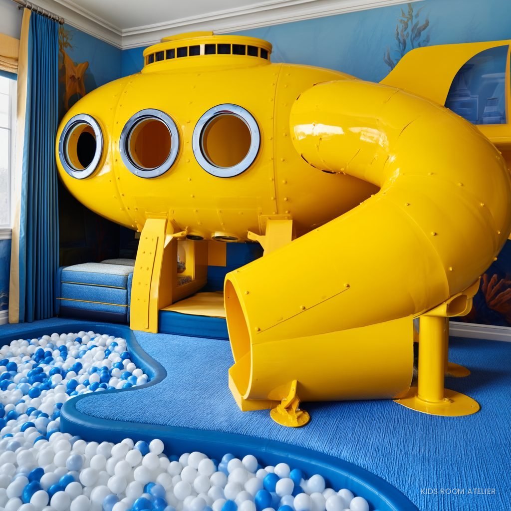 Grande sottomarino giallo giocabile con scivolo e ball pit