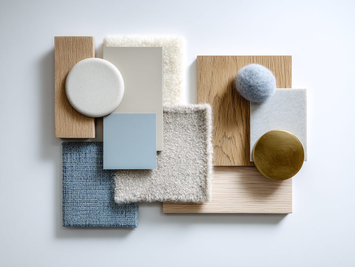 Moodboard materiali: rovere, bouclé, azzurro polvere e ottone