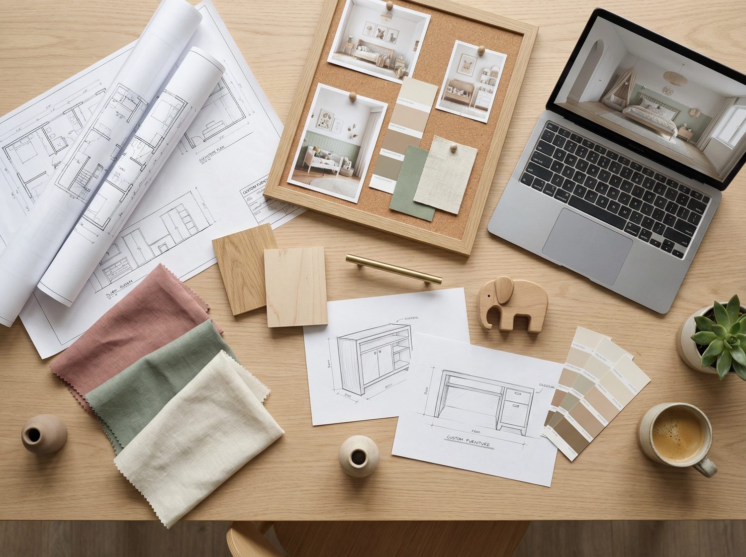 Tavolo di lavoro con disegni, campioni materiali e laptop