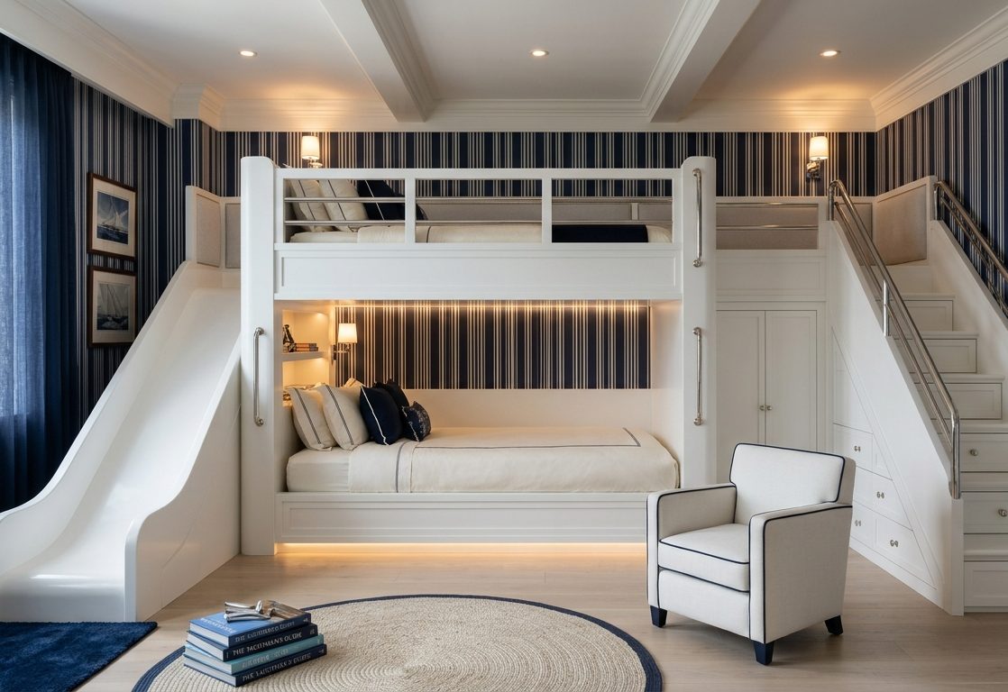 Cameretta nautica navy con castello e scivolo