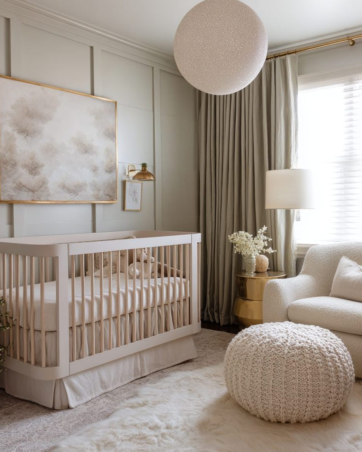 Nursery in tonalità salvia con luna, boiserie e poltrona bouclé