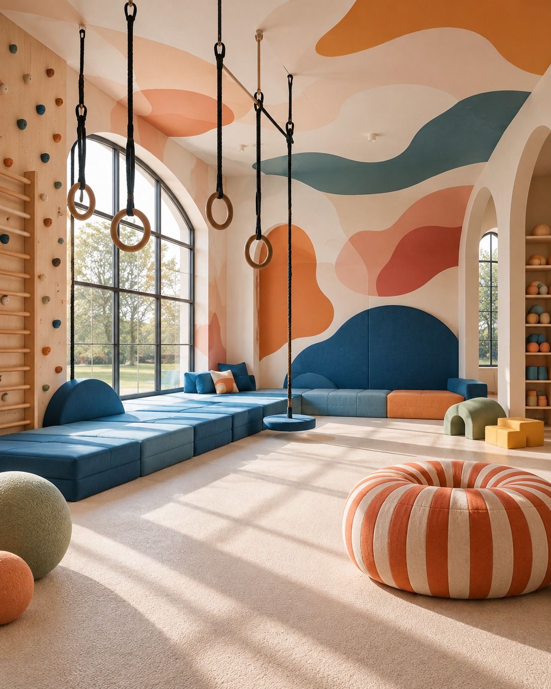 Playroom Anelli with timber rings, blue seating and painted orange and blue shapes