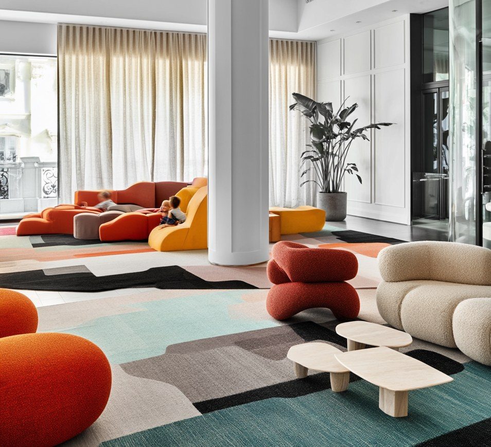 Lobby with modular seating in orange and yellow and a rug in geometric colour fields