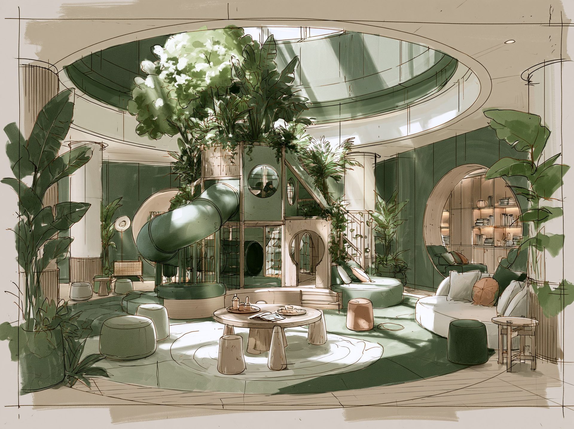 Concept sketch for a kids club with a play structure, tube slide and planting