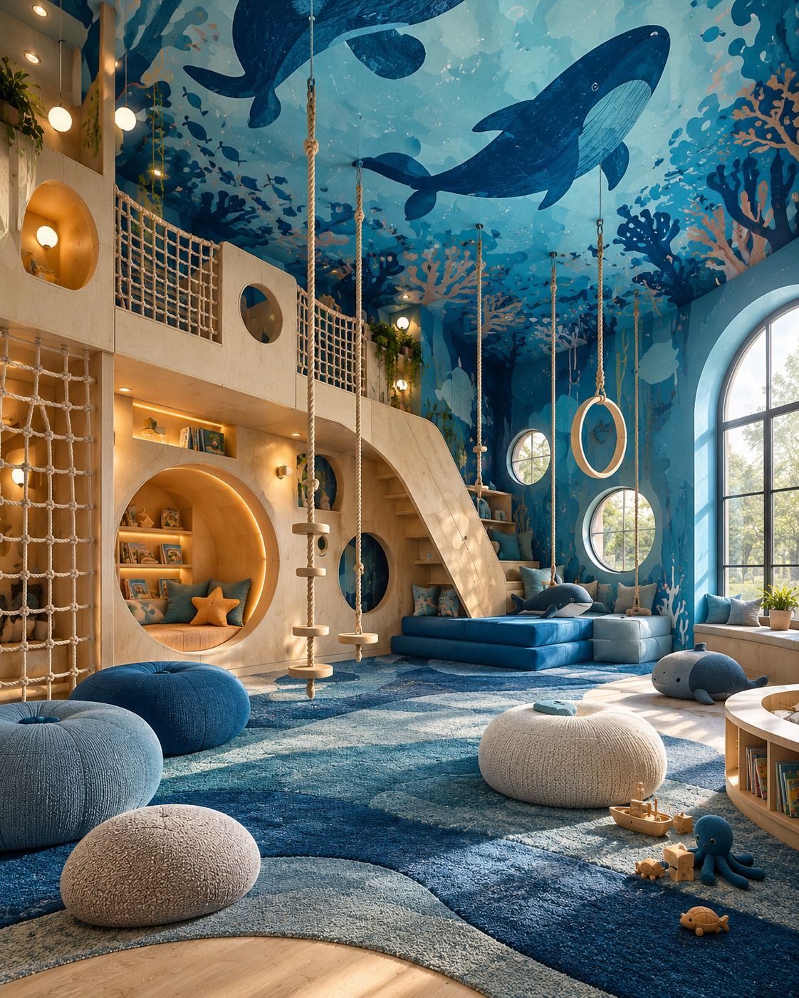 Kids Club Balene, sala con murale di balene, soppalco in legno e anelli