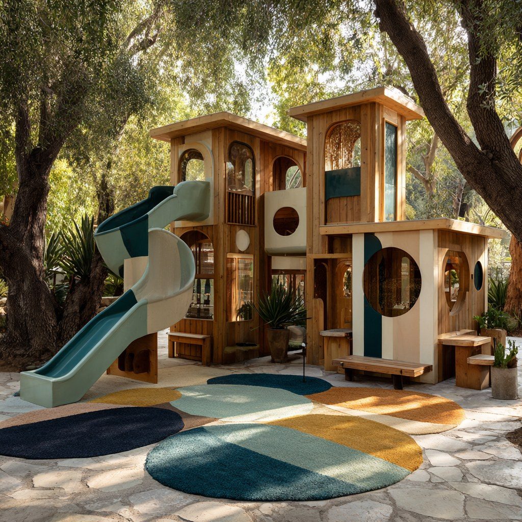 Spazio gioco outdoor per hotel con pedane in legno a gradoni e verde