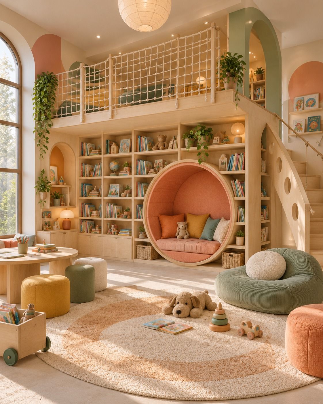 Libreria Soppalco, a full-height bookcase with a round coral velvet niche and a mezzanine
