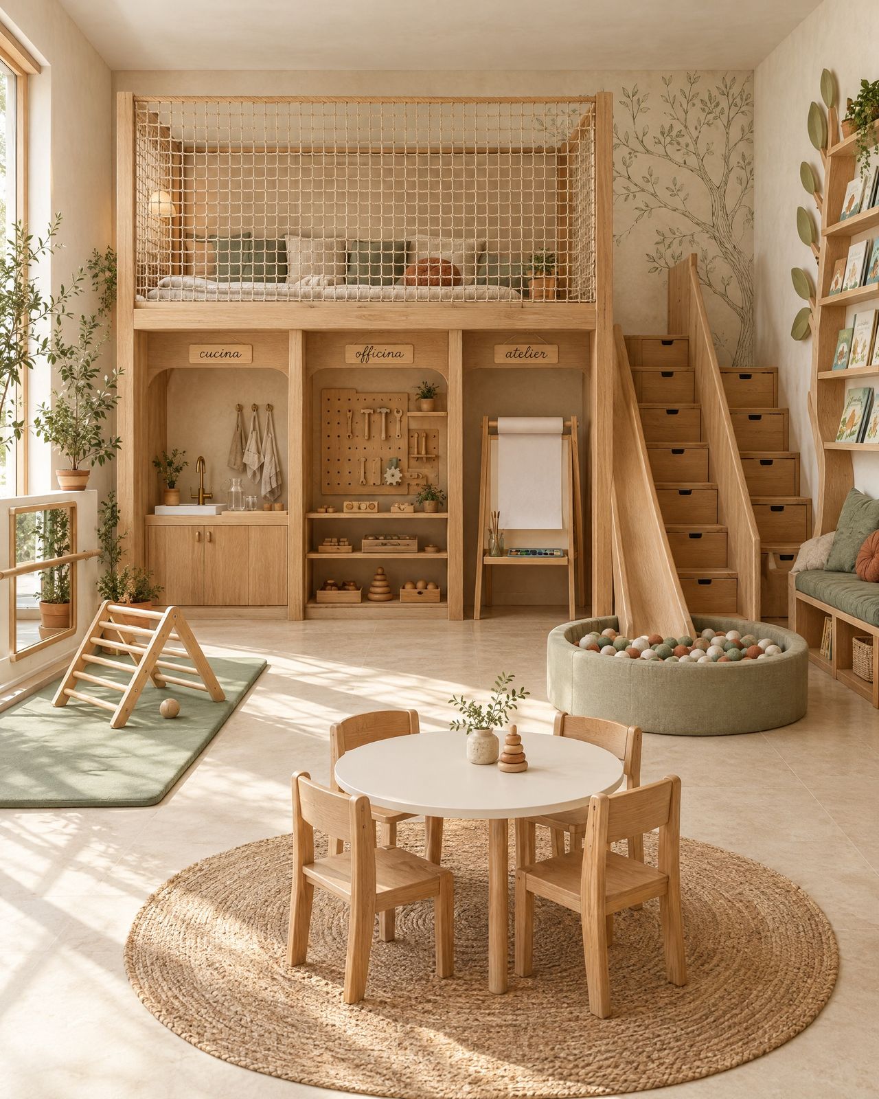 Playroom Montessori con soppalco in legno, scivolo, scala a contenitori e tavolino