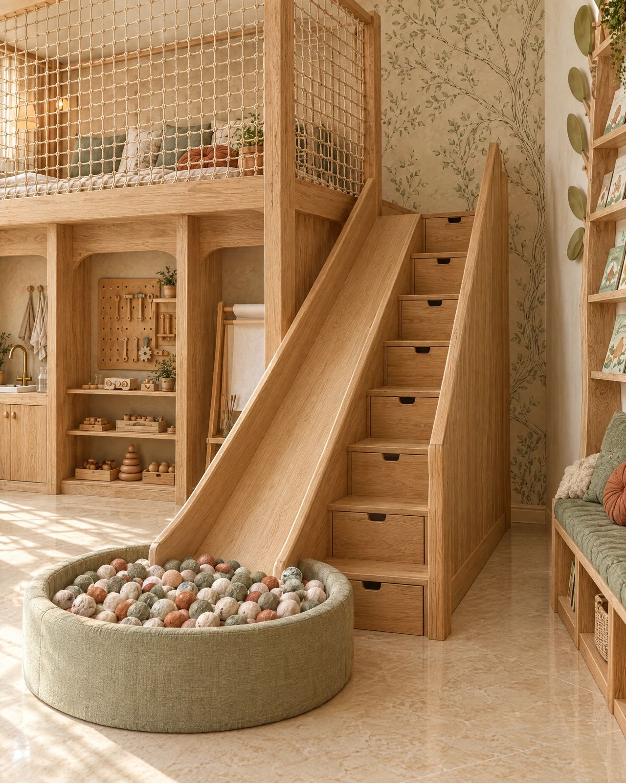 Playroom Montessori, il soppalco con la rete e lo scivolo