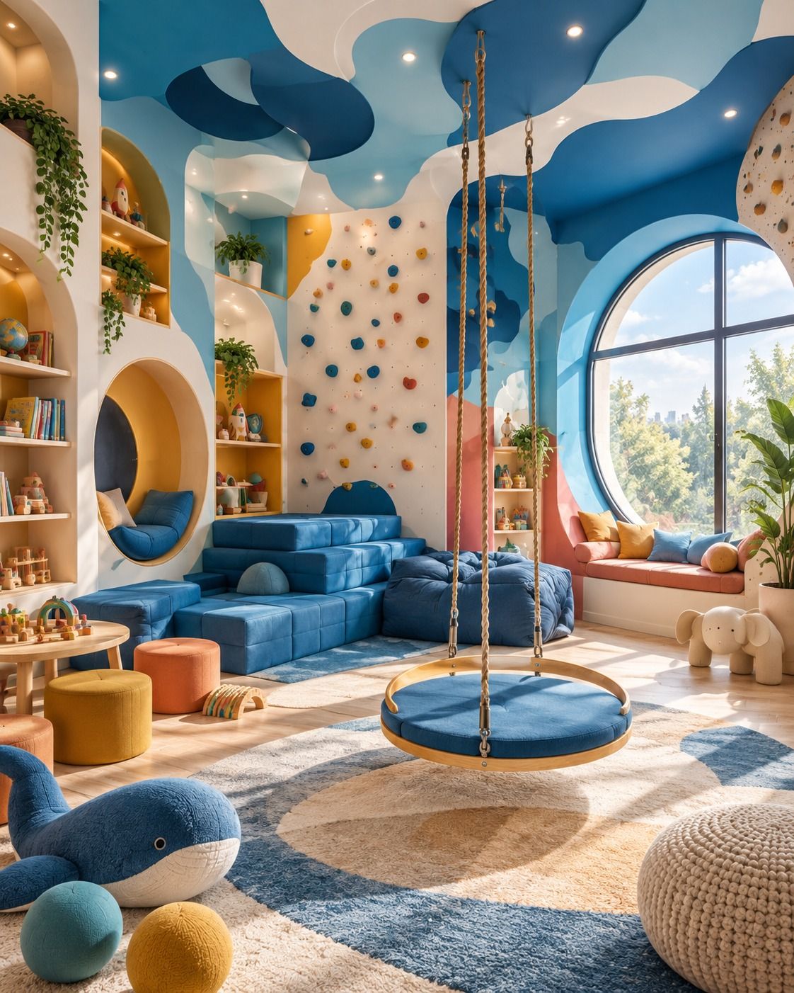 Playroom Nuvole with a blue cloud ceiling, a nest swing and a modular sofa