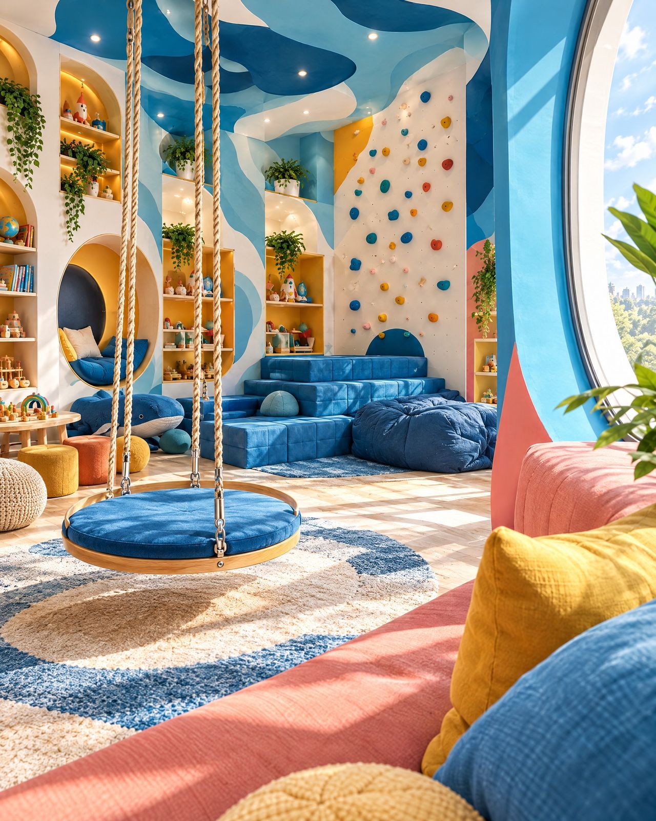Playroom Nuvole, the nest swing and the round window