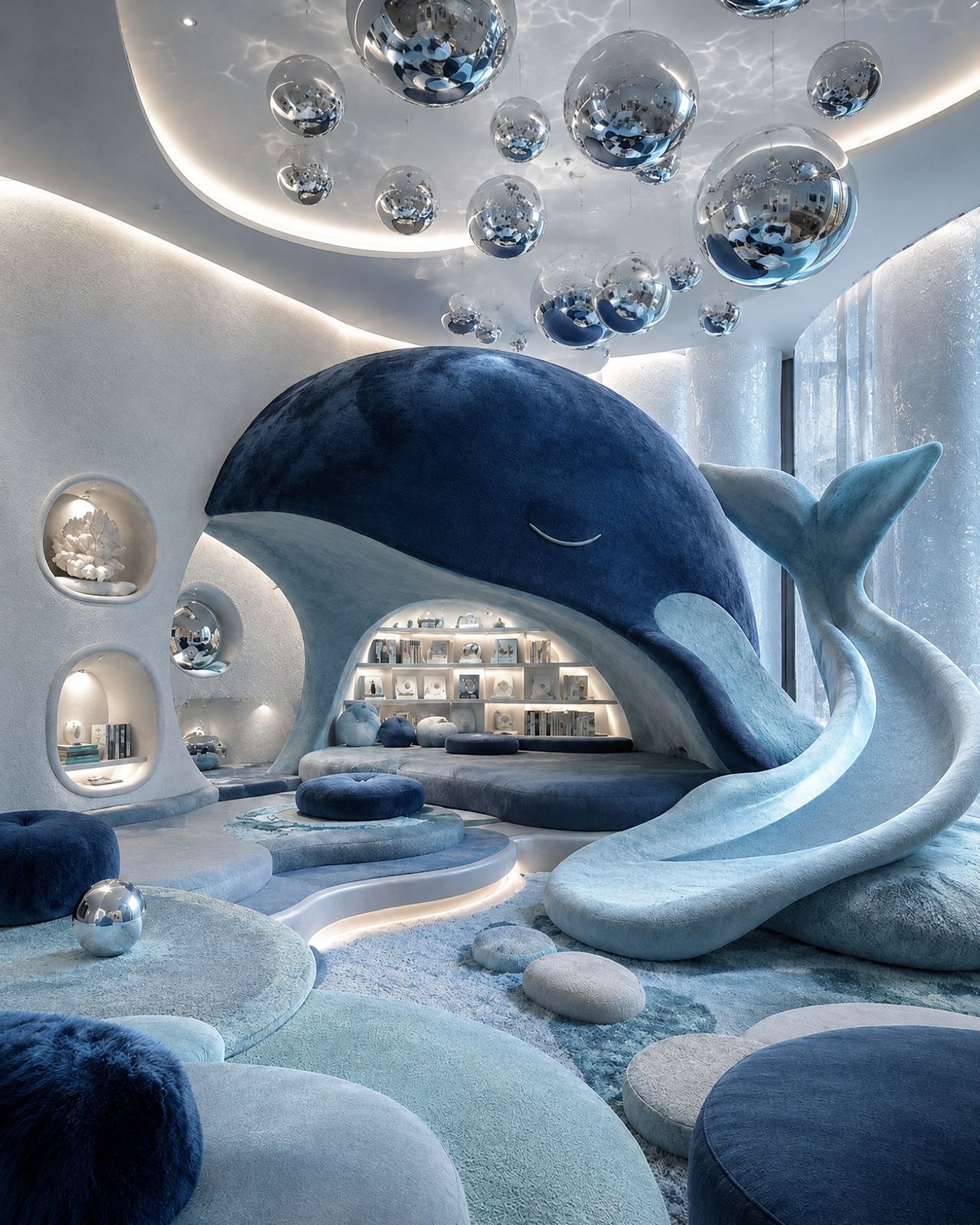 Onda Club, a kids club with a blue whale slide and a ceiling of mirrored spheres
