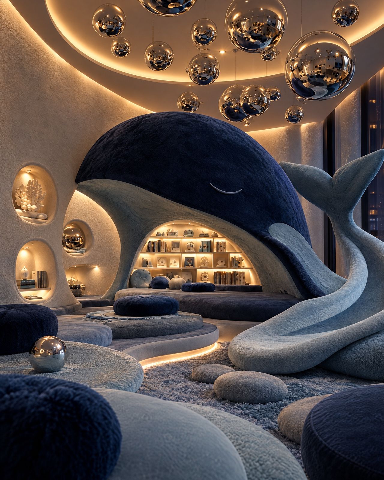 Onda Club in the evening, with warm light and the whale lit up