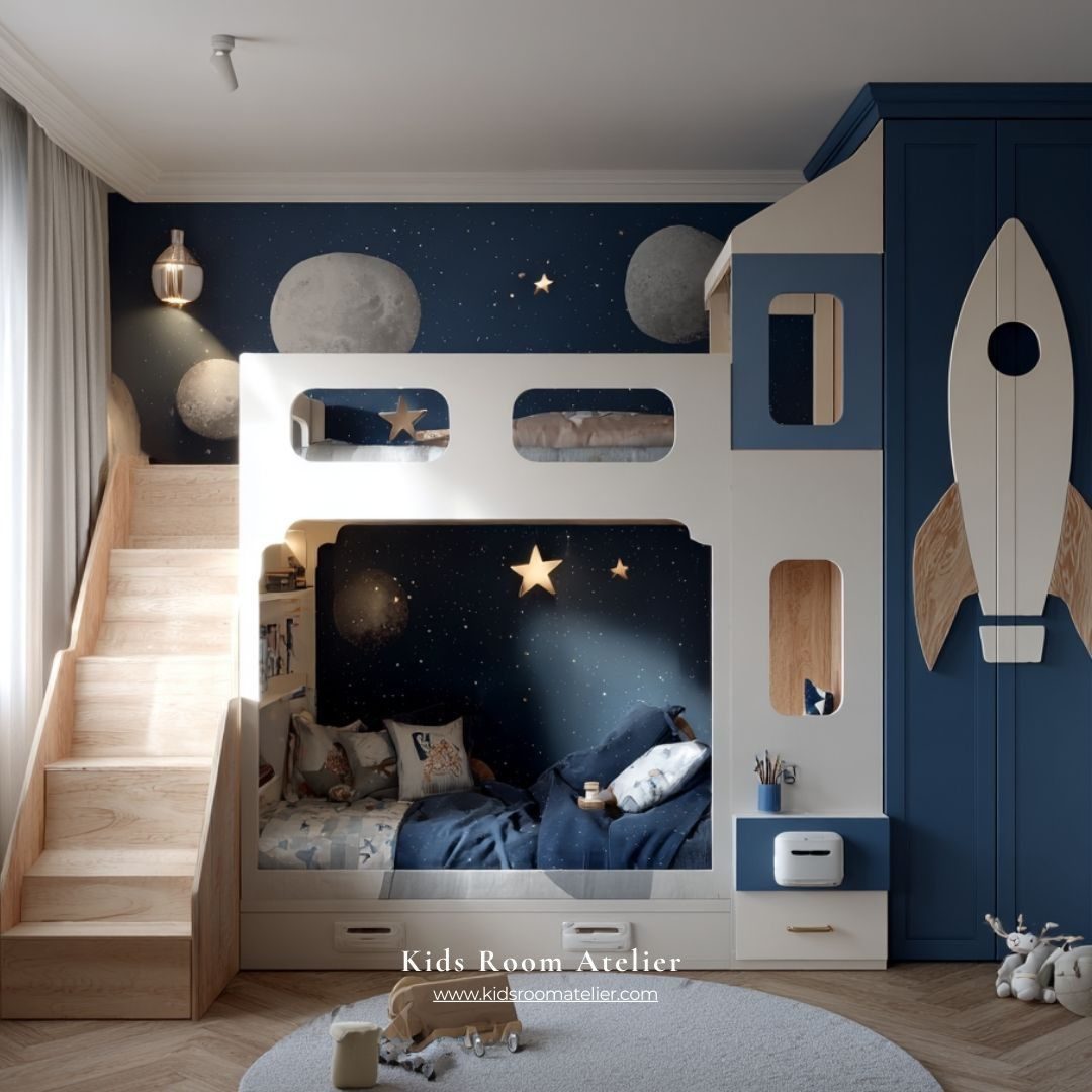 Il Razzo, a house bed with a starry wall in midnight blue