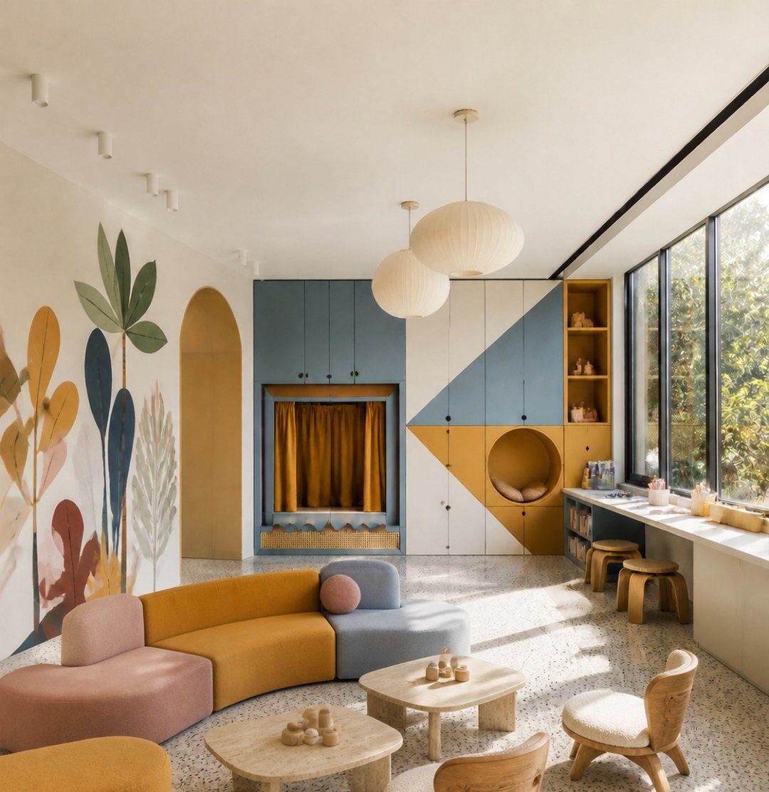 Biblioteca per bambini con librerie a forma di albero e sedute morbide