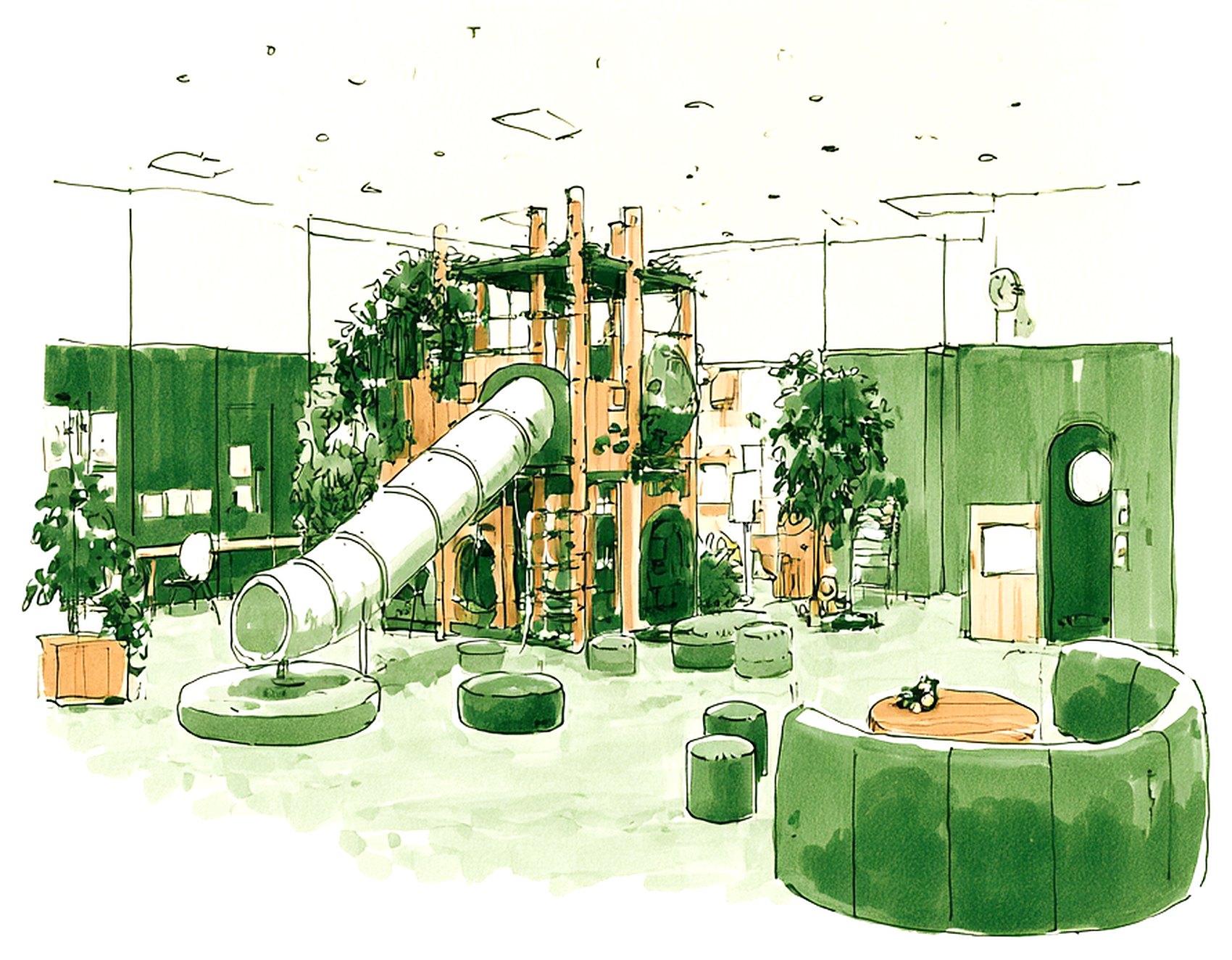 Schizzo di concept per un kids club: torre in legno con scivolo, piante e divano circolare