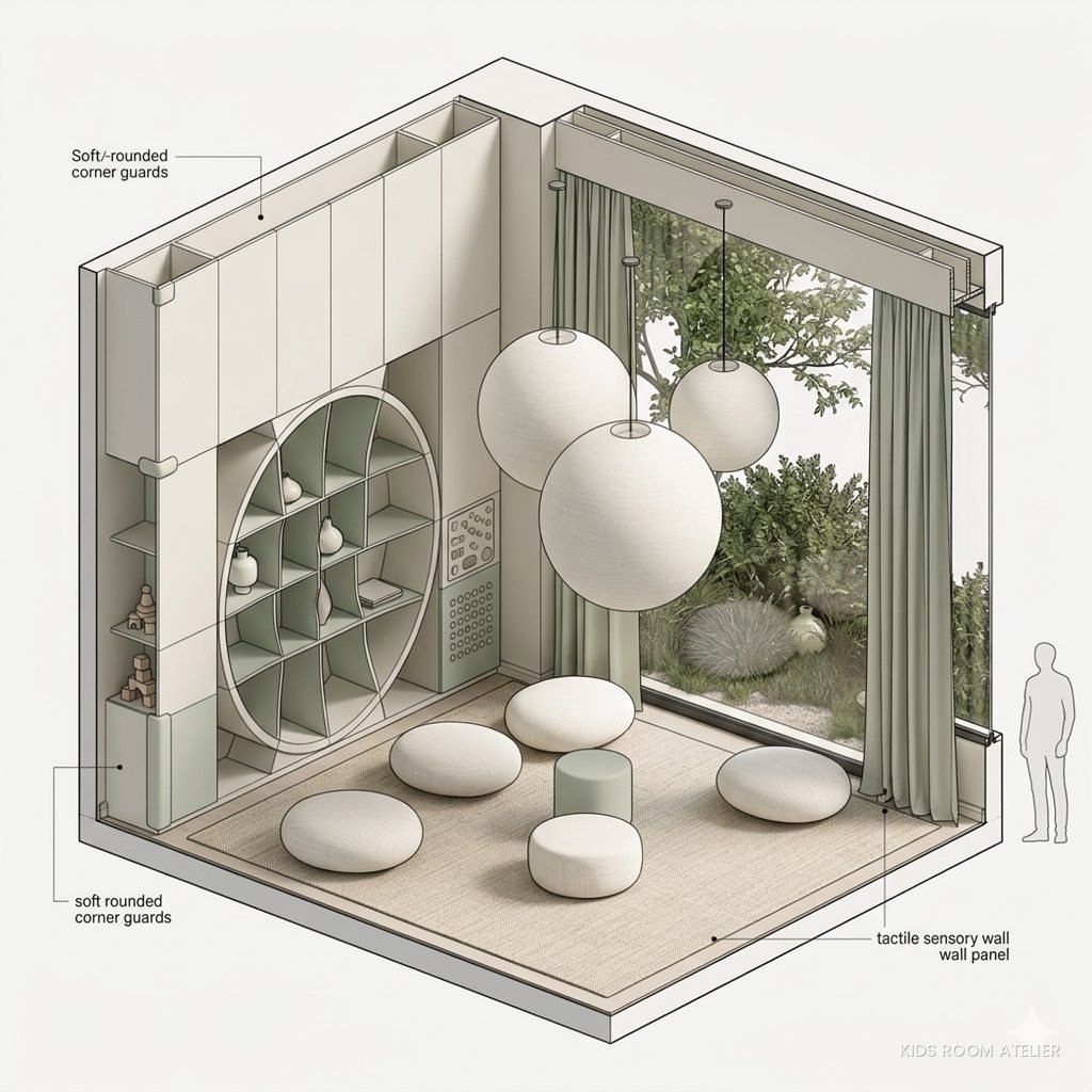 Axonometric of the relaxation area with seating, a curved wall and suspended spheres